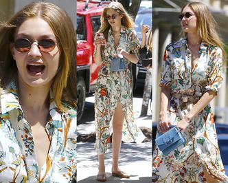 Zabiegana Gigi Hadid w letniej sukience i dziwnych klapkach