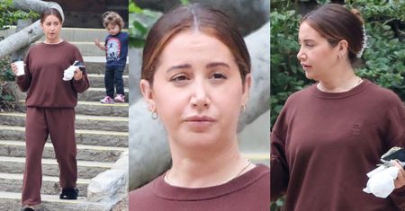 Naturalna Ashley Tisdale w dresie i kapciach spaceruje z kawą w dłoni. Towarzyszyła jej dwuletnia córka (ZDJĘCIA)