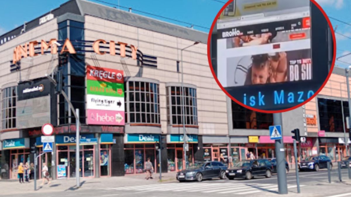 Centrum Częstochowa, środek dnia i film dla dorosłych na telebimie.