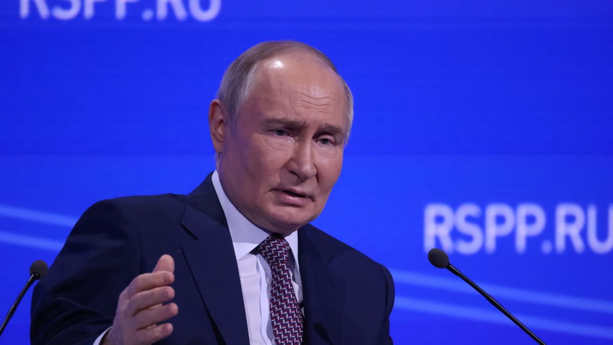 MOSCOW, RUSSIA - MARCH 18 (RUSSIA OUT) Russian President Vladimir Putin gestures during the plenary session of Russia Union of Industrialists and Entrepreneurs, March 18, 2025, in Moscow, Russia. Putin visited an annual congress of top Russian business prior to his telephone talks with U.S. President Donald Trump. (Photo by Contributor/Getty Images)