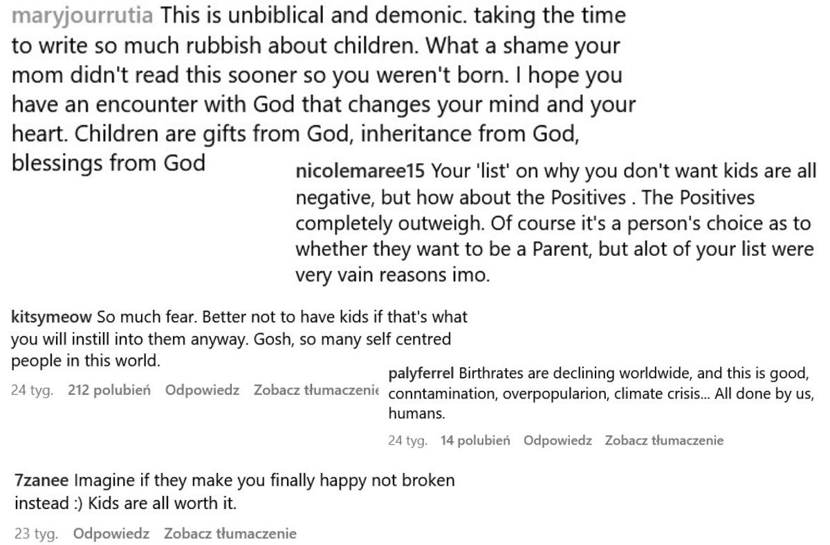 Comments under the post of the woman who doesn't want to have children