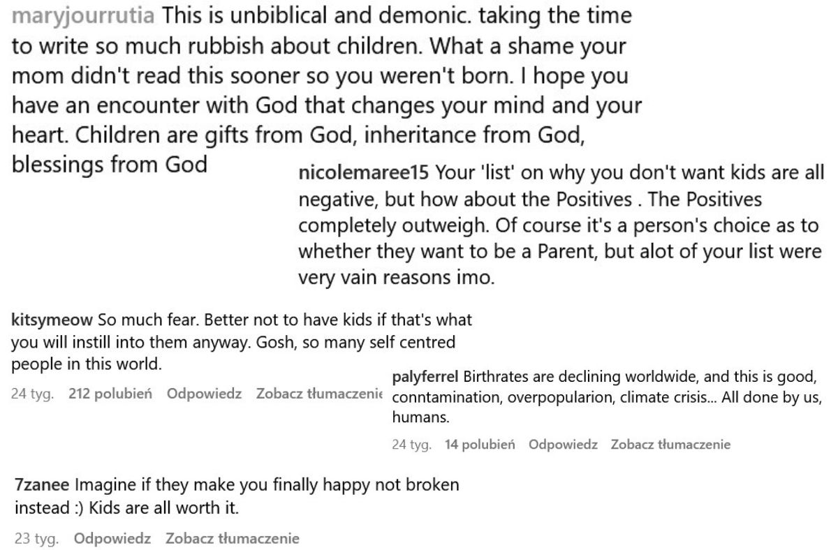 Comments under the post of a woman who does not want to have children