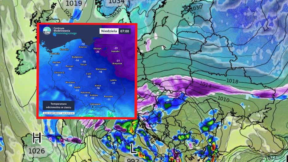 Prognoza pogody w niedzielę rano. Temperatury i opady śniegu (na większej mapie)