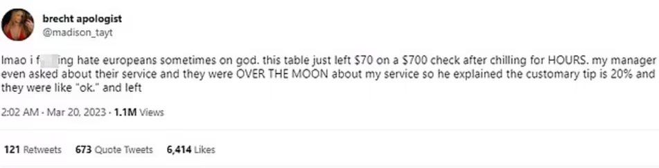 Post kelnerki wywołał burzę w sieci 