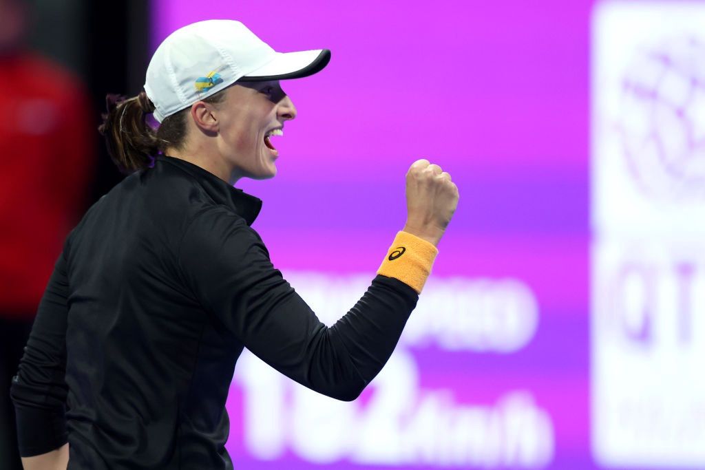 Qatar Total Energies Open - Day Six
DOHA, QATAR - FEBRUARY 18: Iga Swiatek of Poland celebrates defeating USA's Jessica Pegula during their women's singles final match on day six of the Qatar Total Energies Open, part of the Hologic WTA Tour, at Khalifa International Tennis and Squash Complex on February 18, 2023 in Doha, Qatar. (Photo by Mohamed Farag/Getty Images)
Mohamed Farag
