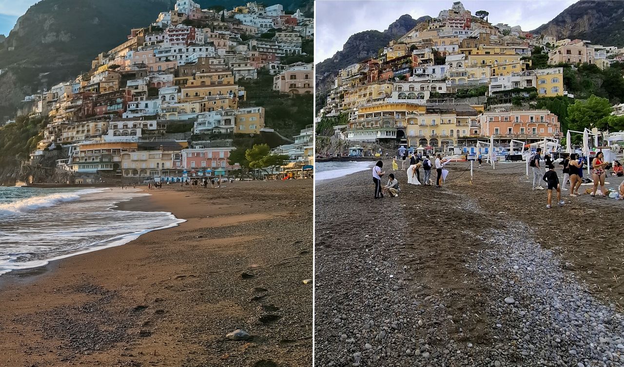 A beach without crowds and with crowds