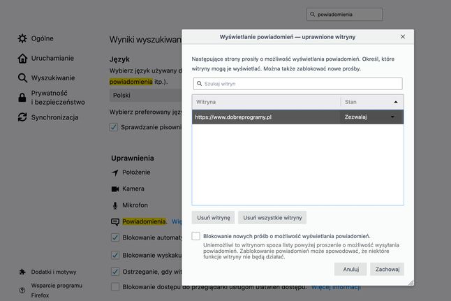 Lista stron wysyłających powiadomienia – Mozilla Firefox