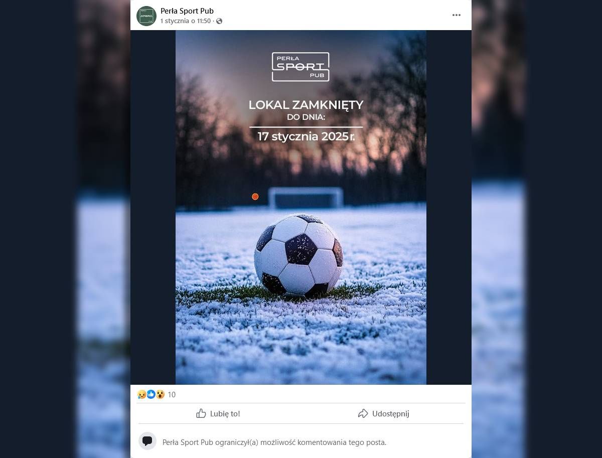 Informacja o zamknięciu Perła Sport Pub zamieszczona na Facebooku