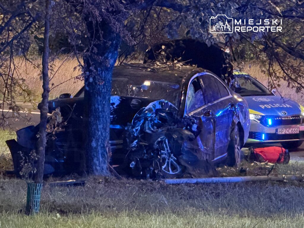 Zniszczony samochód osobowy uderzony w drzewo, obok policyjny radiowóz z włączonymi sygnałami świetlnymi.