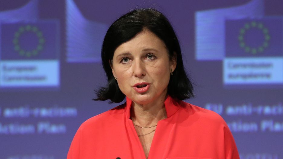 BRUSSELS, BELGIUM - SEPTEMBER 18: Vice President of the European Commission Vera Jourova and European Commissioner for Equality Helena Dalli (not seen) hold a joint press conference themed; EU anti-racism Action Plan, on September 18, 2020 in Brussels, Belgium. (Photo by Dursun Aydemir/Anadolu Agency via Getty Images)