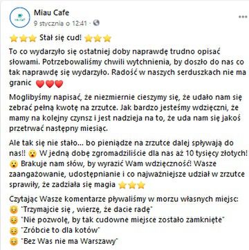 Miau Cafe w mediach społecznościowych opublikowała podziękowania dla internautów