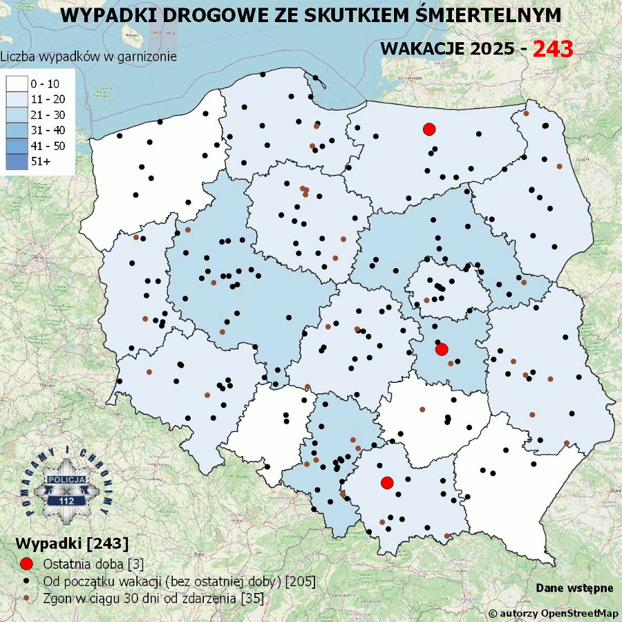 Mapa z oznaczeniami wypadków drogowych ze skutkiem śmiertelnym w Polsce, z danymi za wakacje 2025.