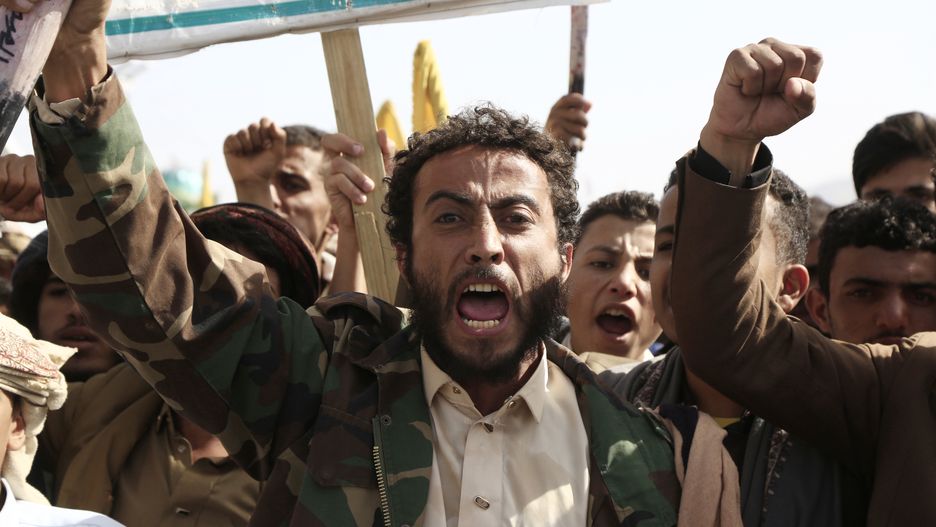 SANA'A, YEMEN - SEPTEMBER 27: Houthi followers shout slogans as they take part in a protest staged against the Israeli aerial attacks on Lebanon, on September 27, 2024, in Sana'a, Yemen. Yemen's Houthi movement has announced targeting Israel Tel Aviv with a ballistic missile and U.S.-destroyers with 23 missiles and a drone in the Red Sea, in what the movement considers solidarity with Lebanon and Palestine. The Israeli bombardment is continued in Lebanon. (Photo by Mohammed Hamoud/Getty Images)