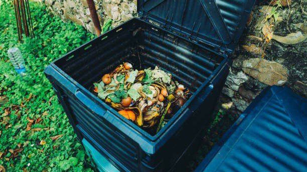 Compost bin with organic waste in the garden next to the stone wall. Organic farming and healthy lifestyle concept
