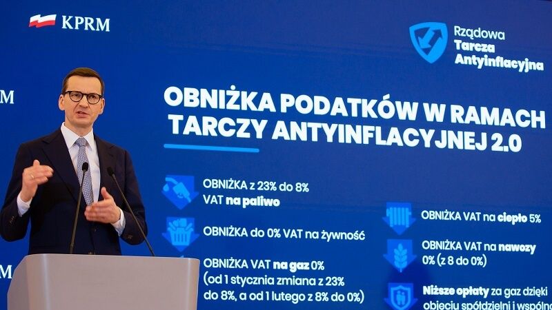 Premier Mateusz Morawiecki na konferencji prasowej poświęconej tarczy antyinflacyjnej 2.0