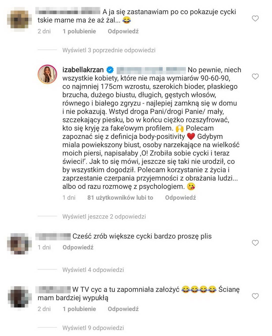 Izabella Krzan punktuje chamski komentarz internautki