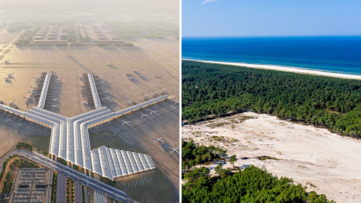 Wizualizacja nowego lotniska Port Polska oraz teren, na którym ma powstać pierwsza w Polsce elektrownia jądrowa