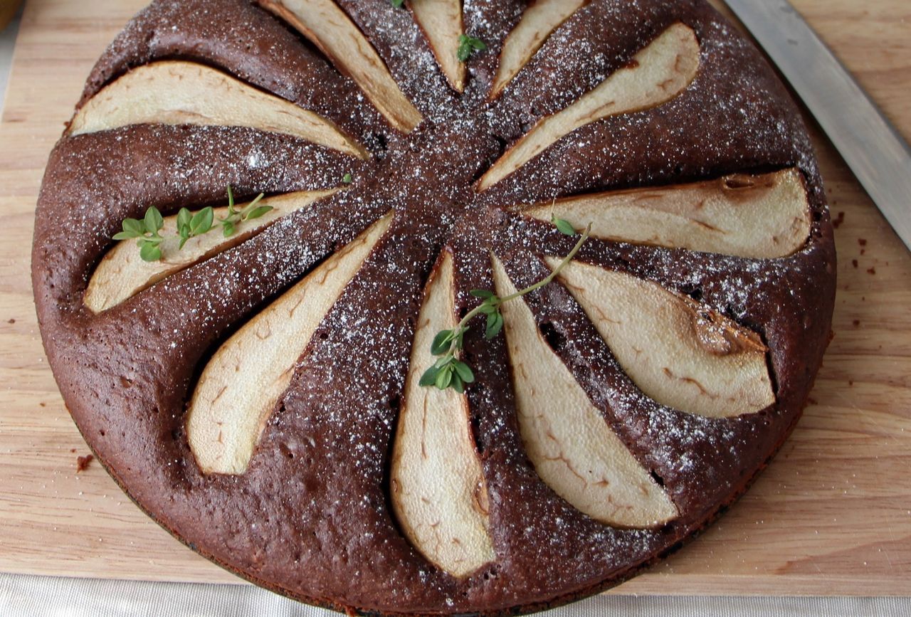 Grown, soft chocolate cake with pears