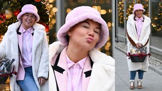 Rozpromieniona Edyta Górniak przechadza się przed siedzibą Polsatu, dźwigając kosz z łakociami (ZDJĘCIA)