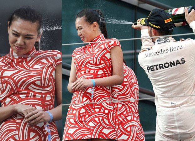 Lewis Hamilton zrobił szampański prysznic hostessie. Czy to był seksizm?
