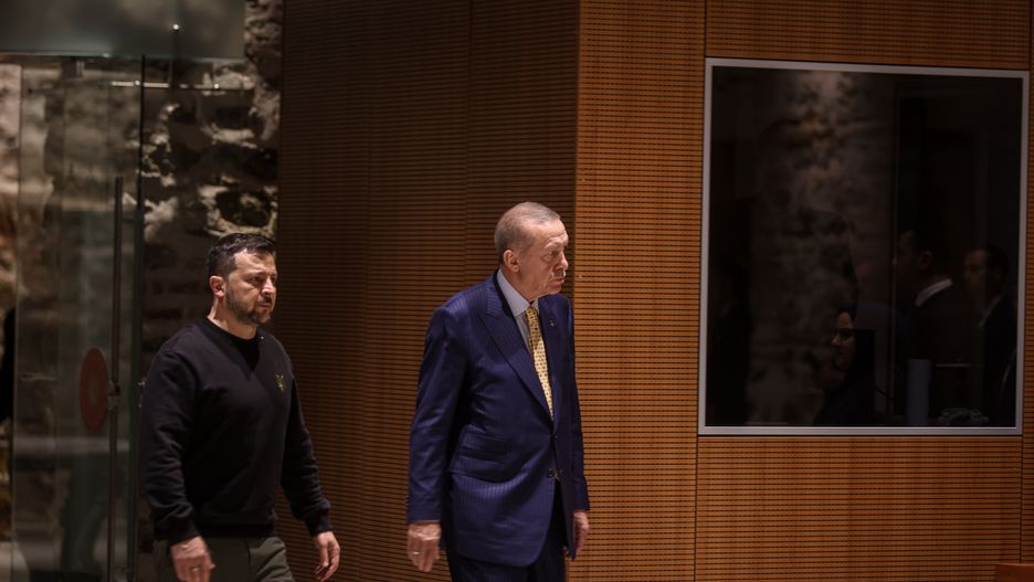 ISTANBUL,TURKEY- MARCH 8: (TURKEY OUT) President Recep Tayyip Erdoğan met with Ukrainian President Volodymyr Zelensky in Istanbul and held a joint press conference on March 8, 2024 in Istanbul, Turkey. (Photo by Ozan Guzelce/ dia images via Getty Images)