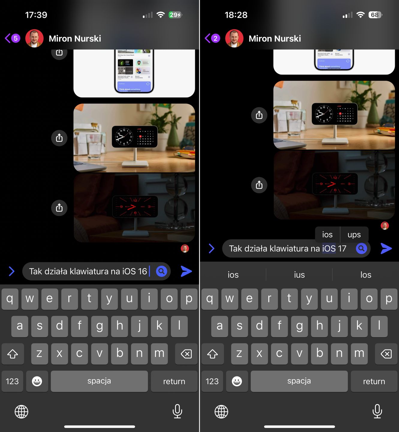 Porównanie klawiatury w iOS 16 i iOS 17