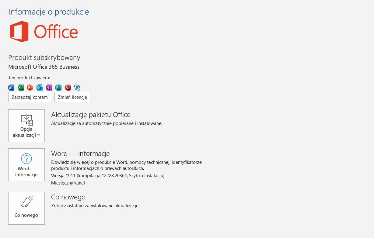 Szczegóły odnośnie zainstalowanej wersji można znaleźć w ustawieniach konta w dowolnym programie z pakietu Microsoft Office.