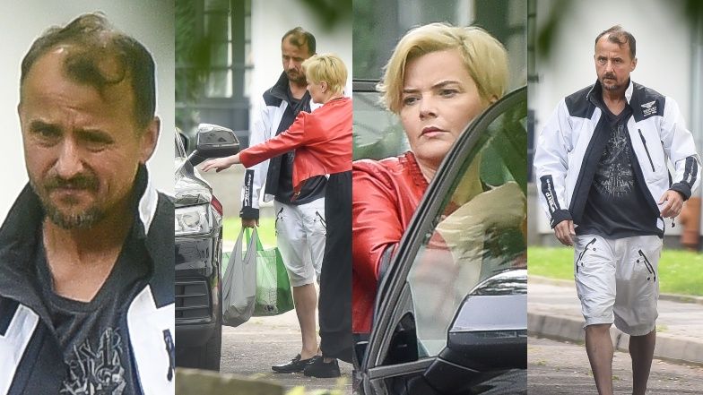 Monika Zamachowska otwiera drzwi do samochodu Konradowi Wojterskowskiemu