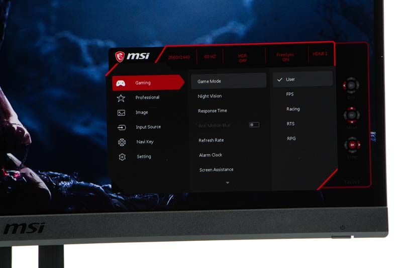 MSI Optix MAG272CQR menu OSD