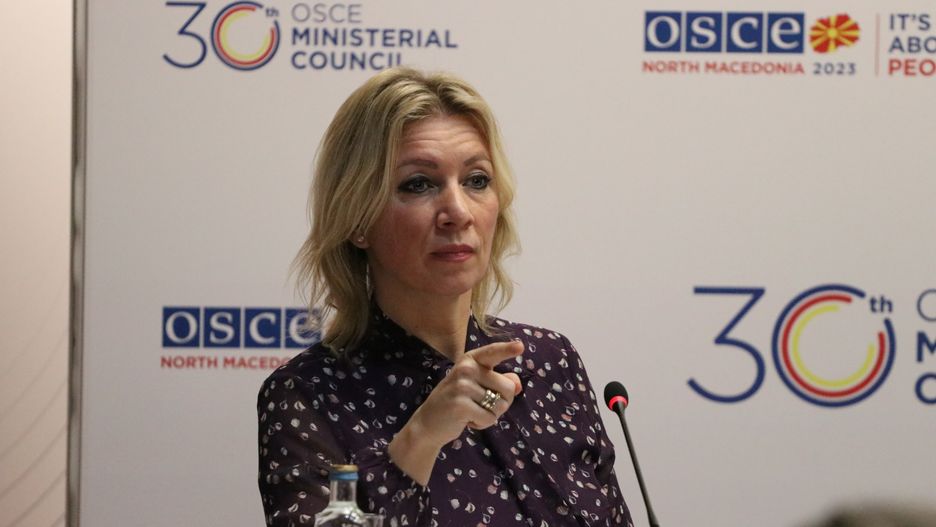 SKOPJE, NORTH MACEDONIA - DECEMBER 01: Russian Foreign Ministry Spokesperson Maria Zakharova attends a press conference organized by Russian Foreign Minister Sergey Lavrov on the second day of the 30th Ministerial Council of the Organization for Security and Co-operation in Europe (OSCE) on December 01, 2023 in Skopje, North Macedonia. (Photo by Furkan Abdula/Anadolu via Getty Images)