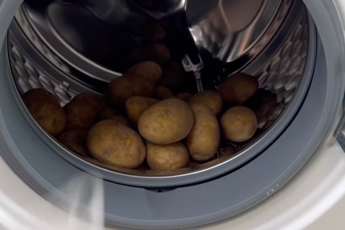 She threw potatoes into the washing machine.