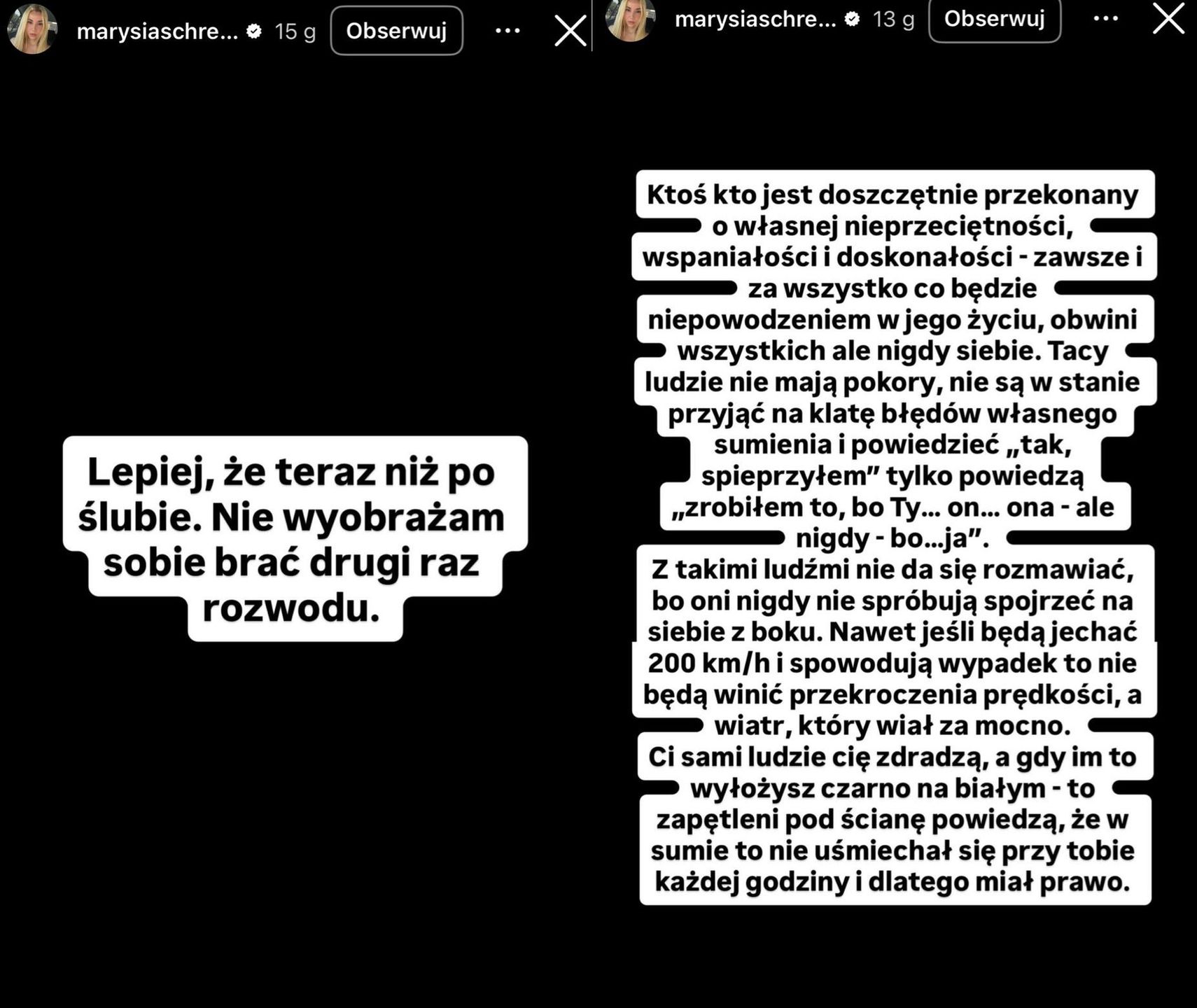 Wpisy Marianny Schreiber na Instagramie