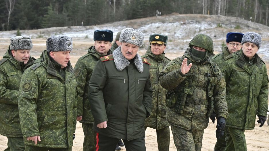 Temporary
Belarusian President Alexander Lukashenko, centre, walks during his meeting with military top officials at the Obuz-Lesnovsky training ground, Belarus, Friday, Jan. 6, 2023. Belarusian Defense Minister Viktor Khrenin is second on left, and the State Secretary of the Security Council Alexander Volfovich is on right. (Andrei Stasevich/BelTA Pool Photo via AP)
Andrei Stasevich