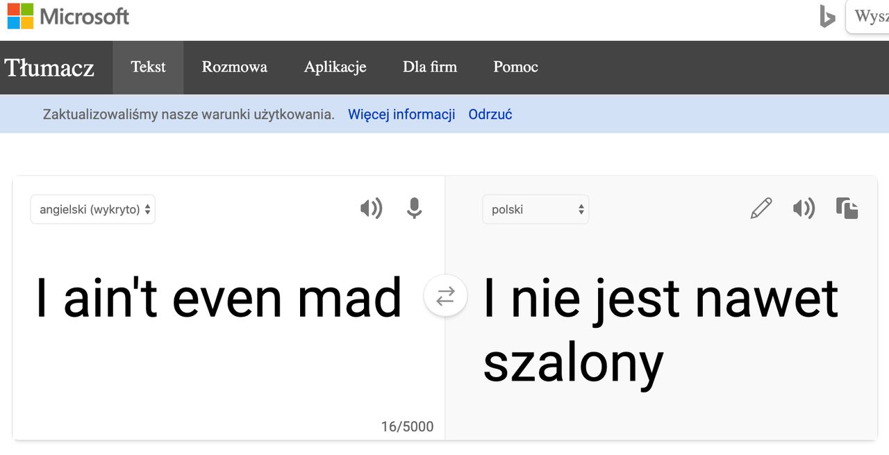 Tłumacz Bing w typowej dla siebie formie