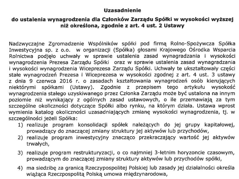 Uzasadnienie do uchwały KOWR ws. wynagrodzeń dla zarządu spółki