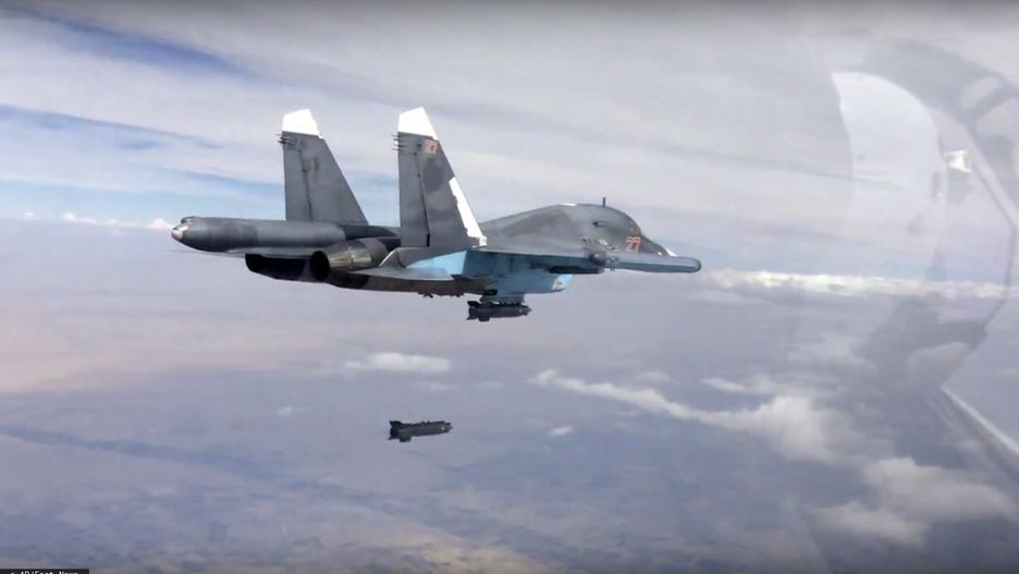 arch20
In this photo made from the footage taken from Russian Defense Ministry official web site on Friday, Oct. 9, 2015, a bomb is released from Russian Su-34 strike fighter in Syria. Activists report intense fighting between insurgents and Syrian troops in the country's center amid new territorial gains for the government, backed by Russian airstrikes. (Russian Defense Ministry Press Service via AP)
Russian Defense Ministry Press Service