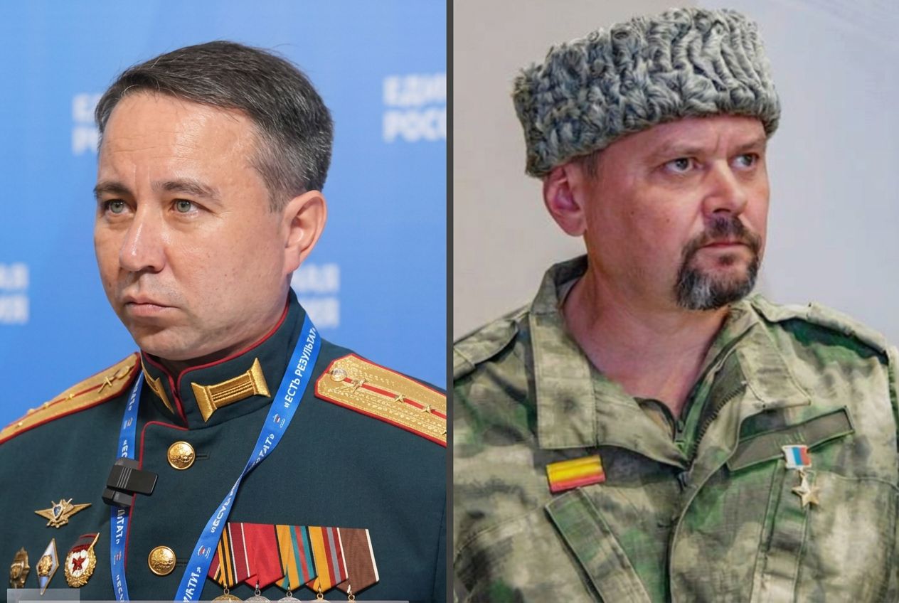 Nowi "posłowie" partii Putina : ealdar Szaripow (na fot. po lewej) i Oleg Likoncew w słynnej czapce