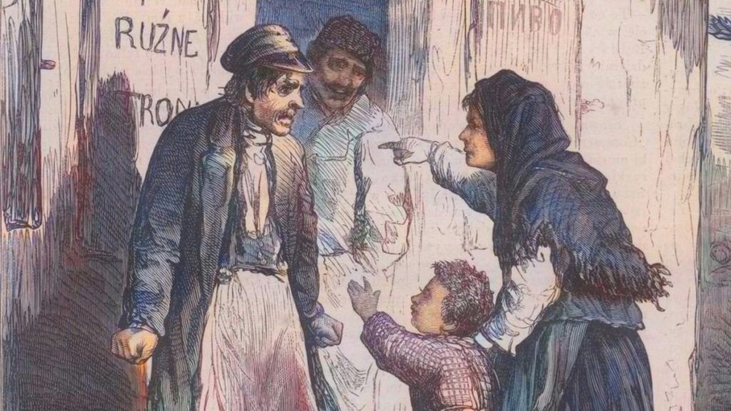 Żona prosi męża, by nie pił. Scena wiejska, rysunek XIX-wieczny