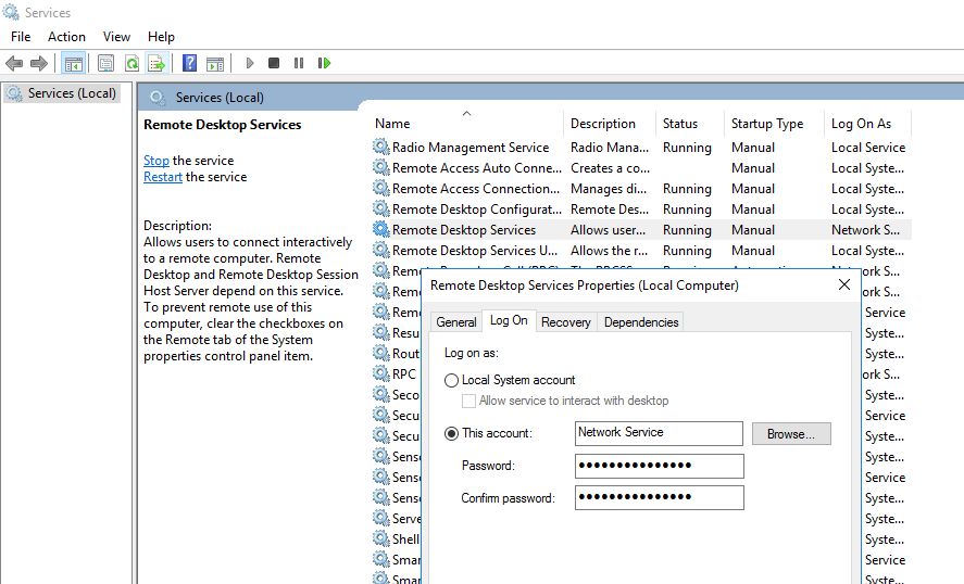 Usługa RDP działa pod kontrolą użytkownika Network Service