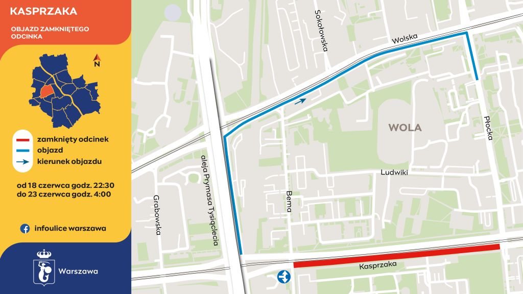 Grafika przedstawia objazd utrudnień na ulicy Kasprzaka.
