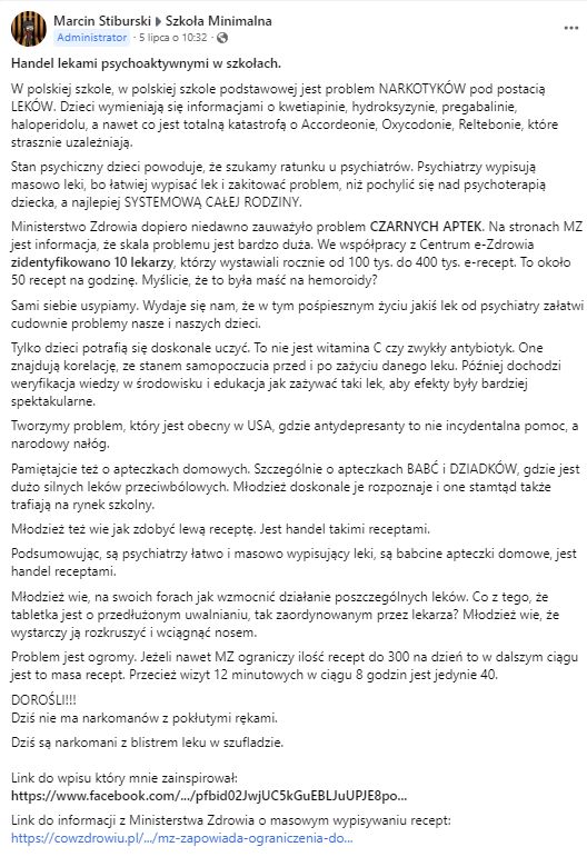 Post na grupie ruchu Szkoła Minimalna