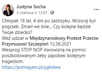 Justyna Socha dowodziła, że Krzysztof zmarł z powodu skutków ubocznych po przyjęciu szczepionki