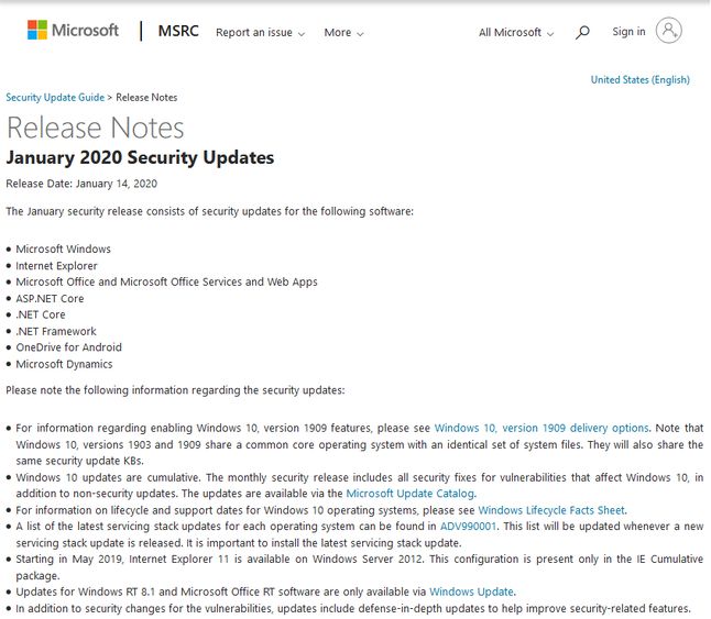 Ogłoszenie styczniowych poprawek (fot. Microsoft)