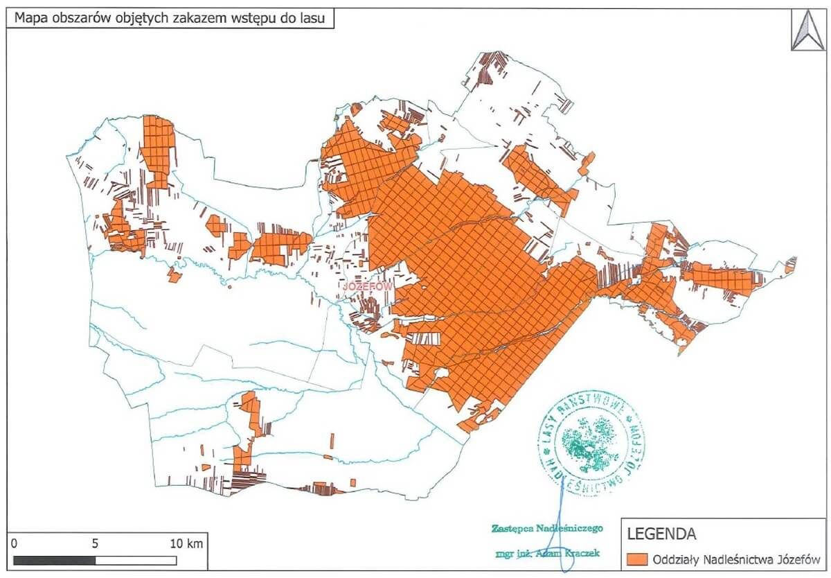 Mapa obszarów objętych zakazem wstępu do lasów w Nadleśnictwie Józefów