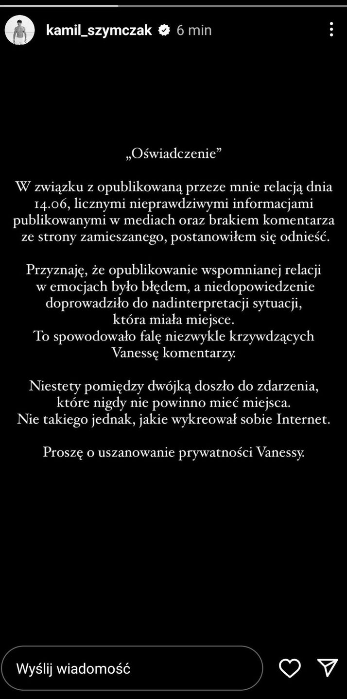 Kamil Szymczak opublikował oświadczenie