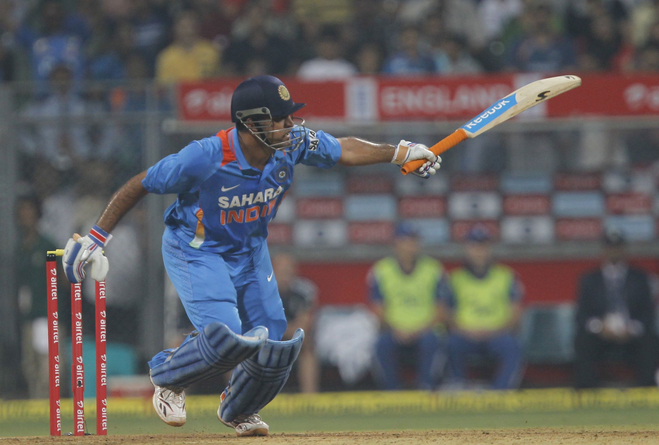 MUMBAI, INDIA - DECEMBER 22, 2012: India's captain Mahendra Singh Dhoni in action  during a T20 cricket match between India and England at Wankhede Stadium, on December 22, 2012 in Mumbai, India. (Photo by Satish Bate/Hindustan Times via Getty Images)