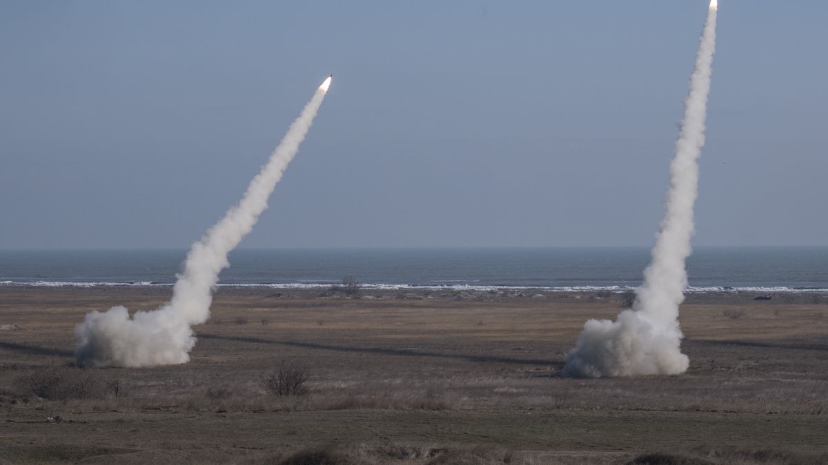 CONSTANTA, ROMANIA - FEBRUARY 09: Rockets are fired by HIMARS rocket launchers during the Eagle Royale 23 multinational military exercise in Constanta, Romania, on February 09, 2023. (Photo by Alexandra R/Anadolu Agency via Getty Images)