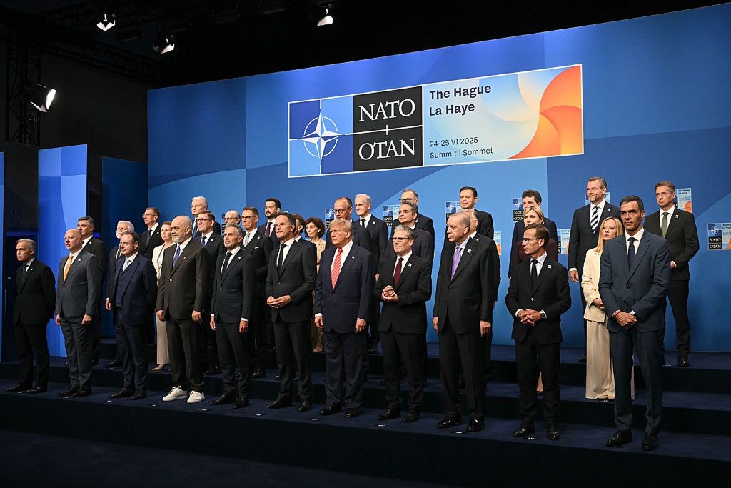 NATO Leaders Attend 2025 Summit In The Hague
THE HAGUE, NETHERLANDS - JUNE 25: (Front row from 5L) Netherlands' Prime Minister Dick Schoof, NATO Secretary General Mark Rutte, U.S. President Donald Trump, Britain's Prime Minister Keir Starmer and Turkey's President Recep Tayyip Erdogan pose with NATO country leaders for a family photo during the North Atlantic Treaty Organization (NATO) Heads of State and Government summit on June 25, 2025 in The Hague, Netherlands. This year's NATO summit, which brings together heads of state and government from across the military alliance, is being held in the Netherlands for the first time. Among other matters, members are to approve a new defense investment plan that raises target for defense spending to 5% of GDP. (Photo by Ben Stansall - Pool/Getty Images)
Pool