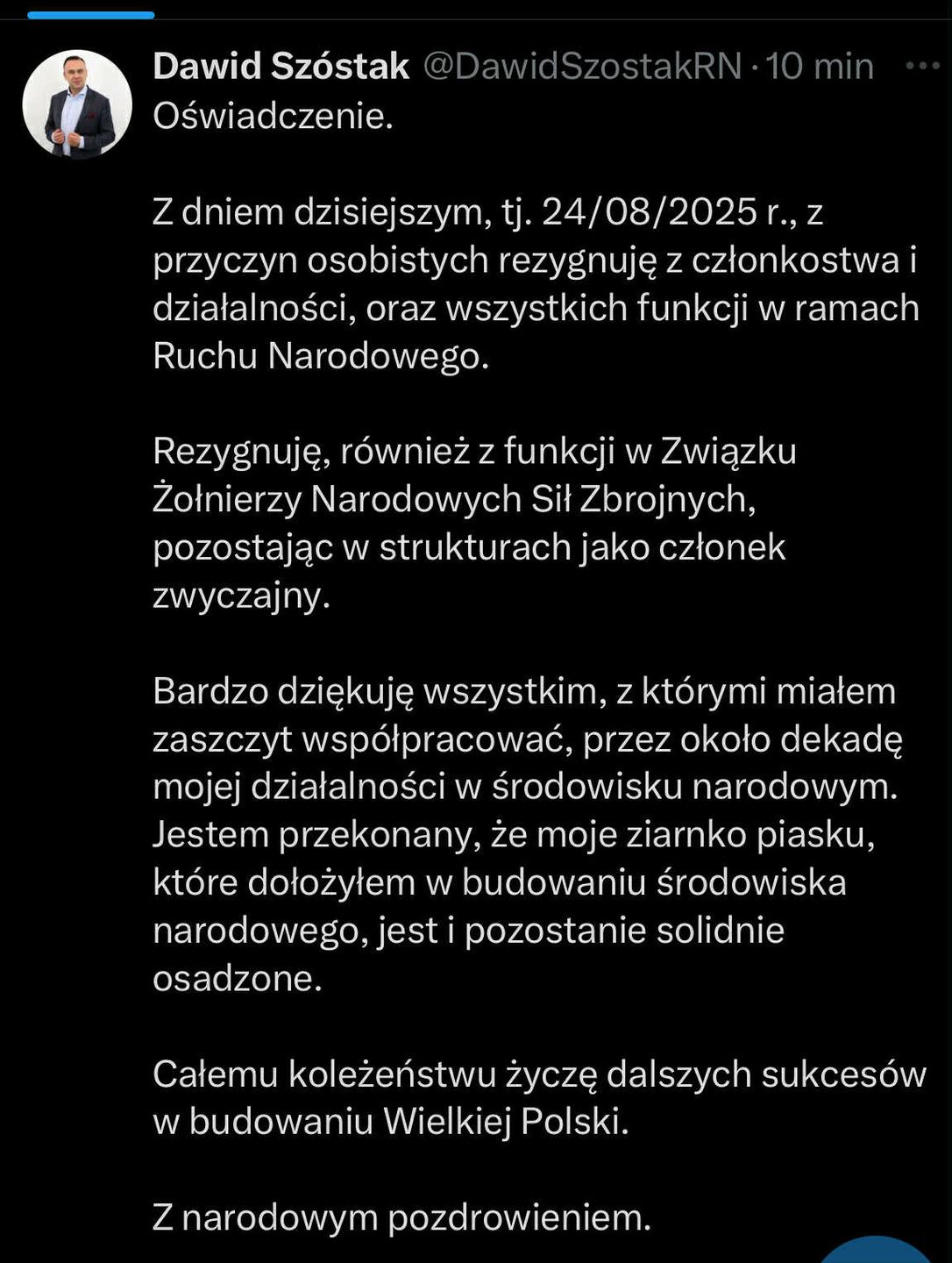 Oświadczenie Dawida Szóstaka