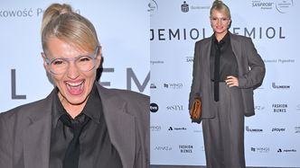 Dorota Szelągowska w za dużym garniaku stroi miny na pokazie Łukasza Jemioła. Francja elegancja? (ZDJĘCIA)